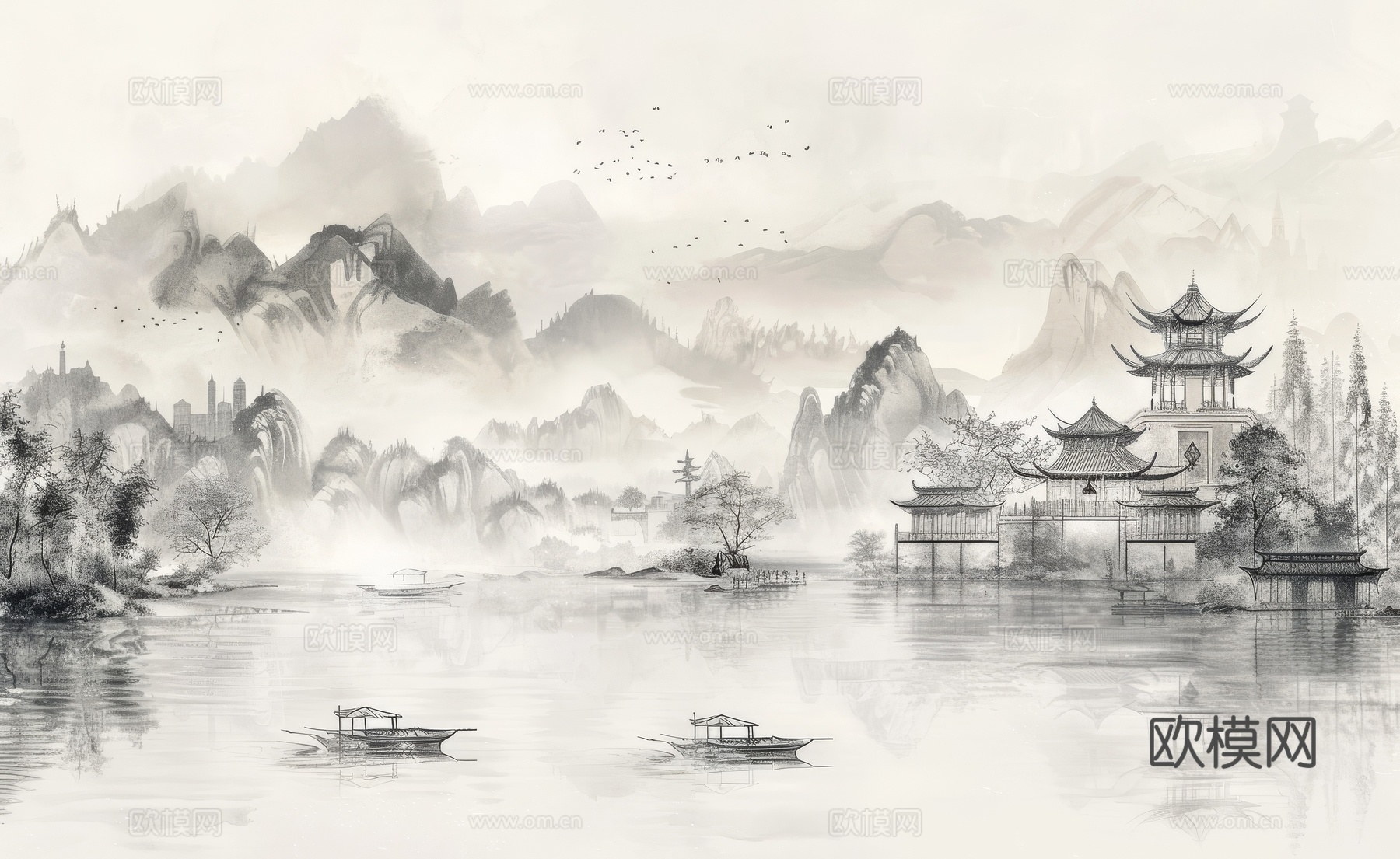 新中式亭台楼阁线条建筑壁画