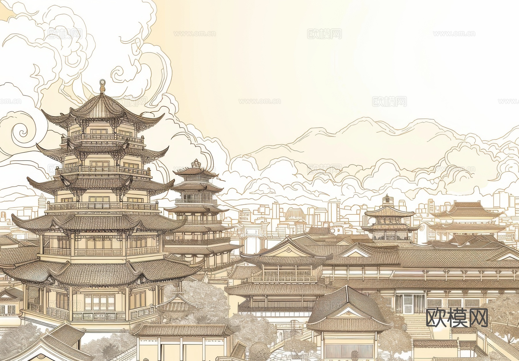 新中式亭台楼阁线条建筑壁画下载（渲染图7）