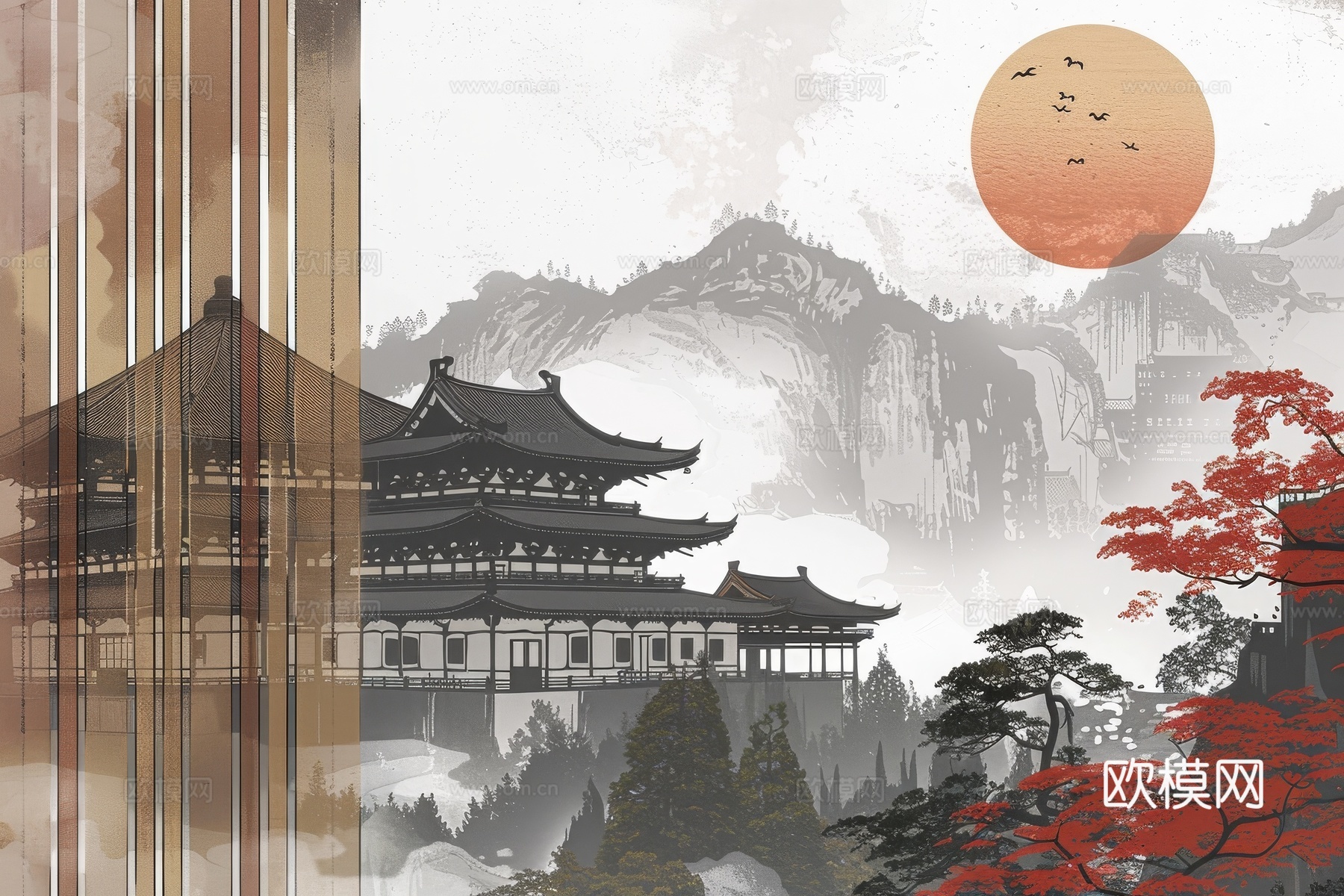 新中式亭台楼阁线条建筑壁画