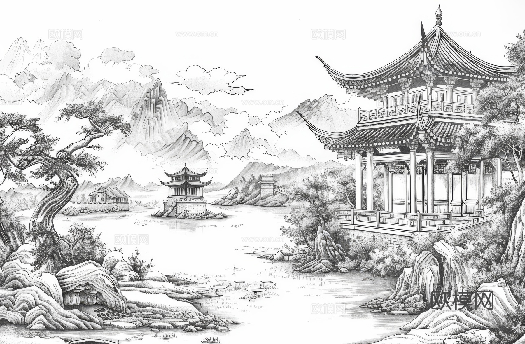 新中式亭台楼阁线条建筑壁画