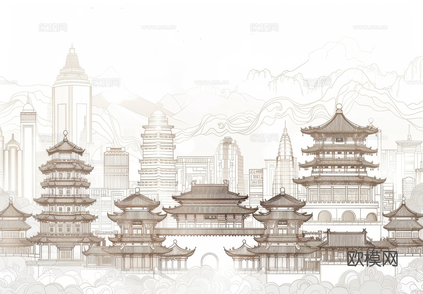 新中式亭台楼阁线条建筑壁画下载（渲染图4）