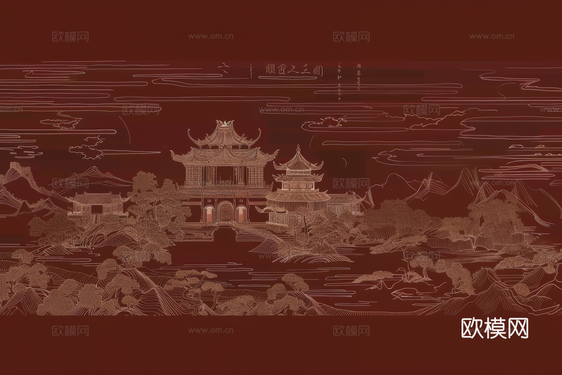 新中式亭台楼阁线条建筑壁画下载（渲染图1）