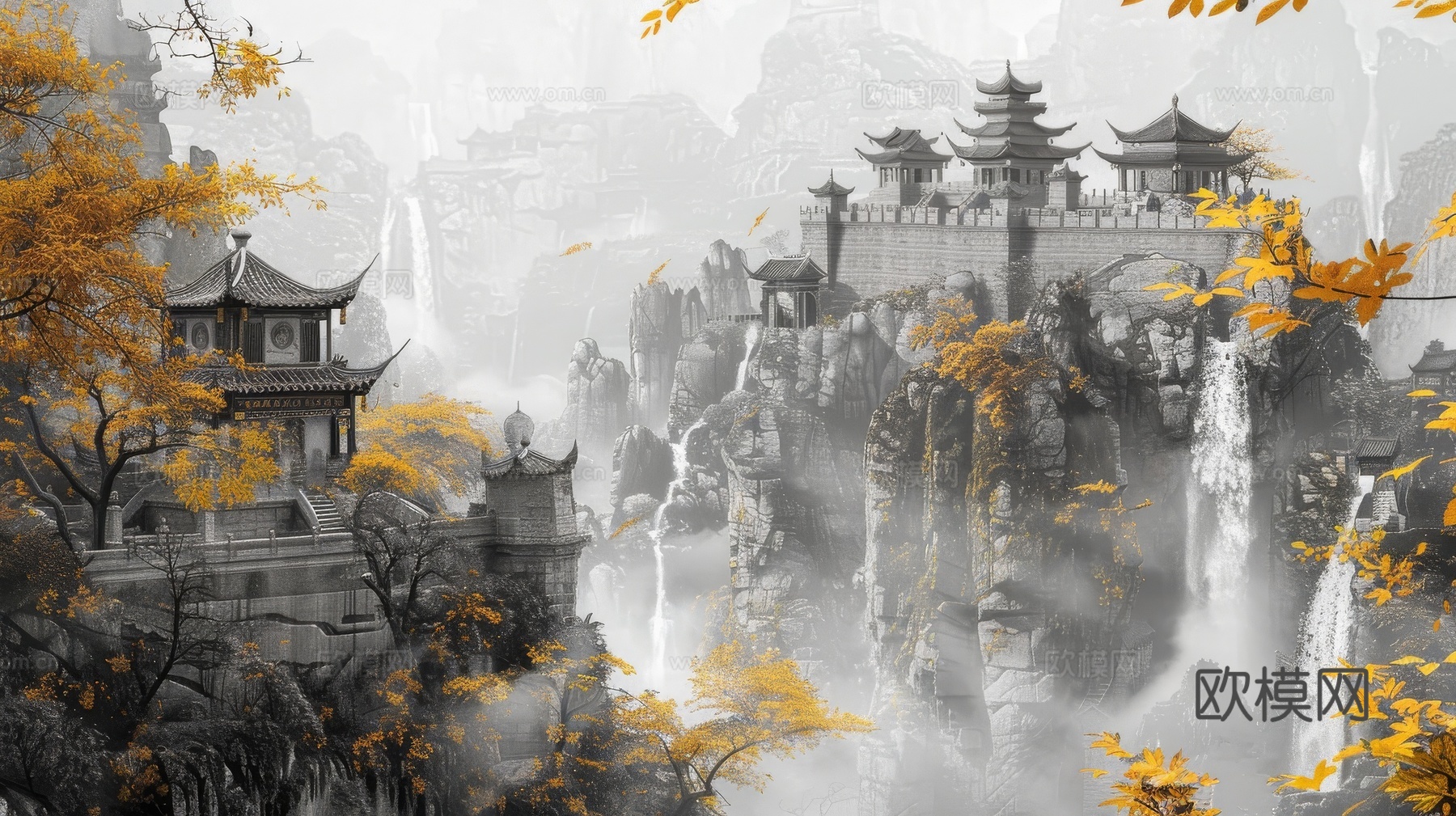 新中式亭台楼阁线条建筑壁画