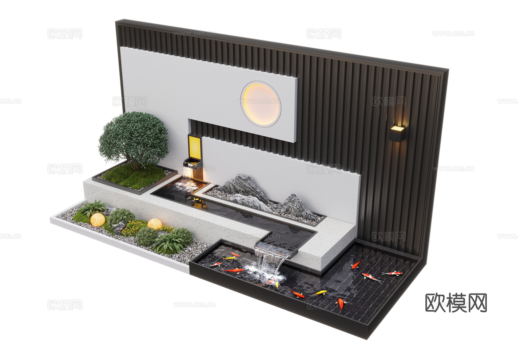 现代庭院水景 水景墙 叠水 景观植物 鱼池3d模型