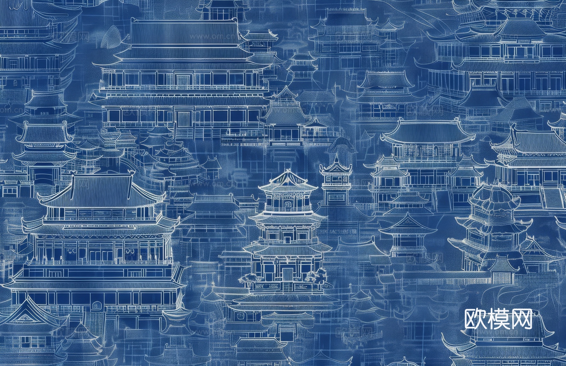 新中式亭台楼阁线条建筑壁画下载（渲染图4）