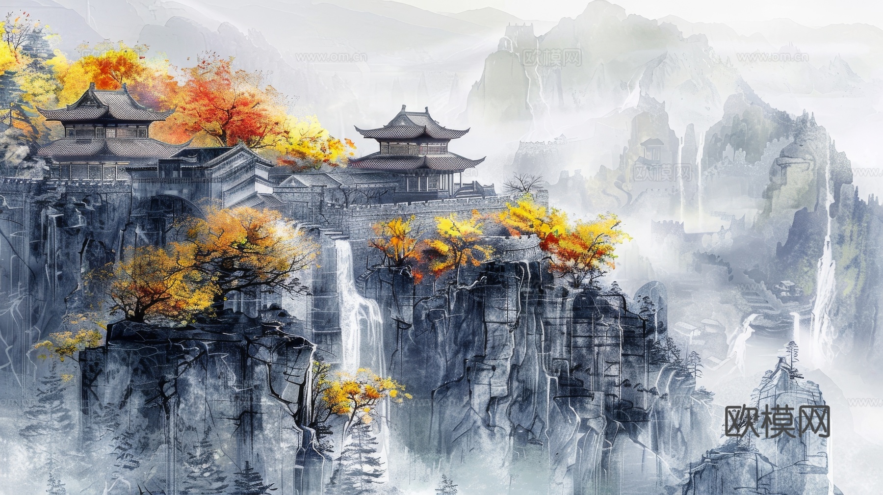 新中式亭台楼阁线条建筑壁画