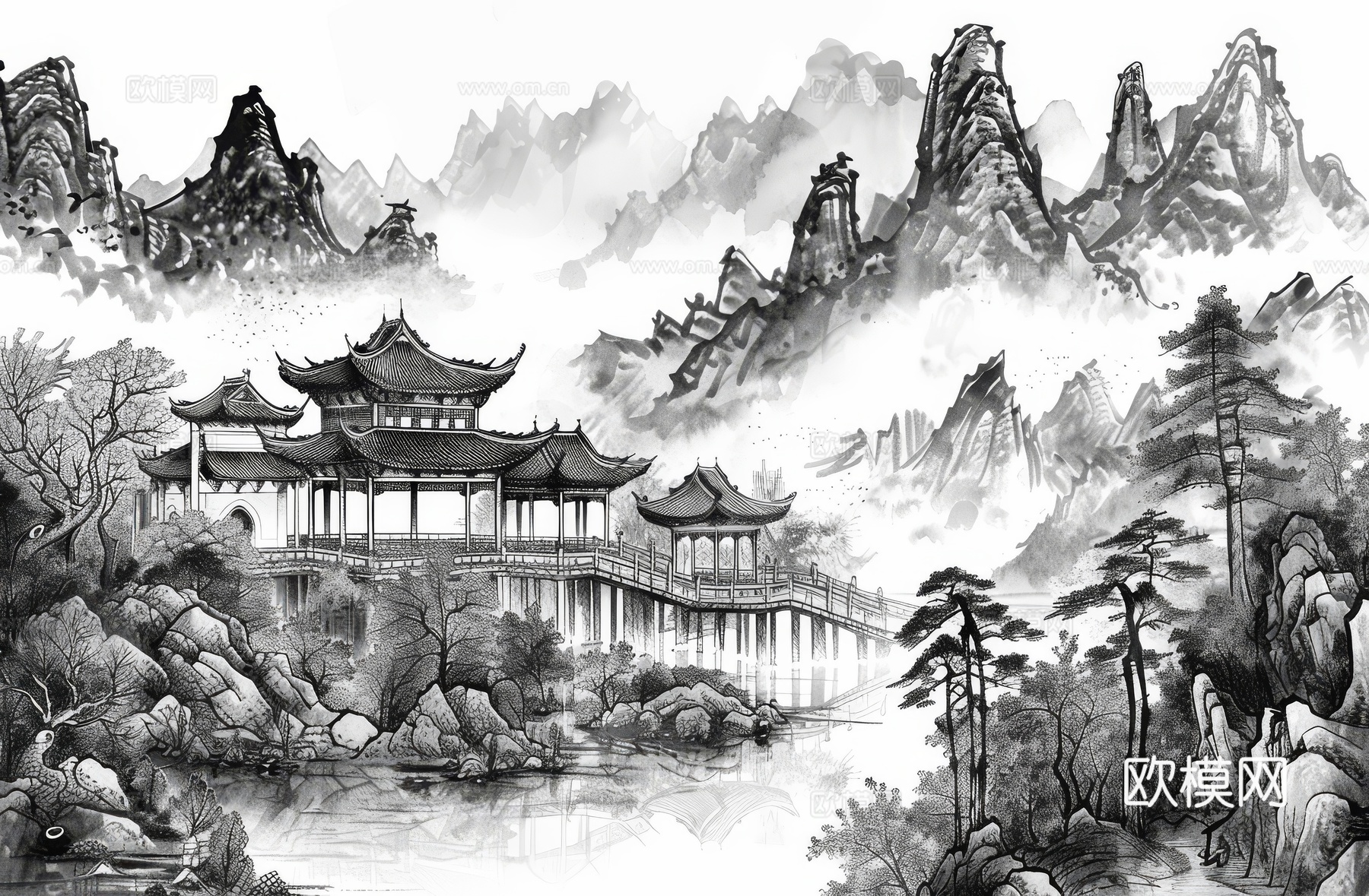 新中式亭台楼阁线条建筑壁画下载（渲染图8）