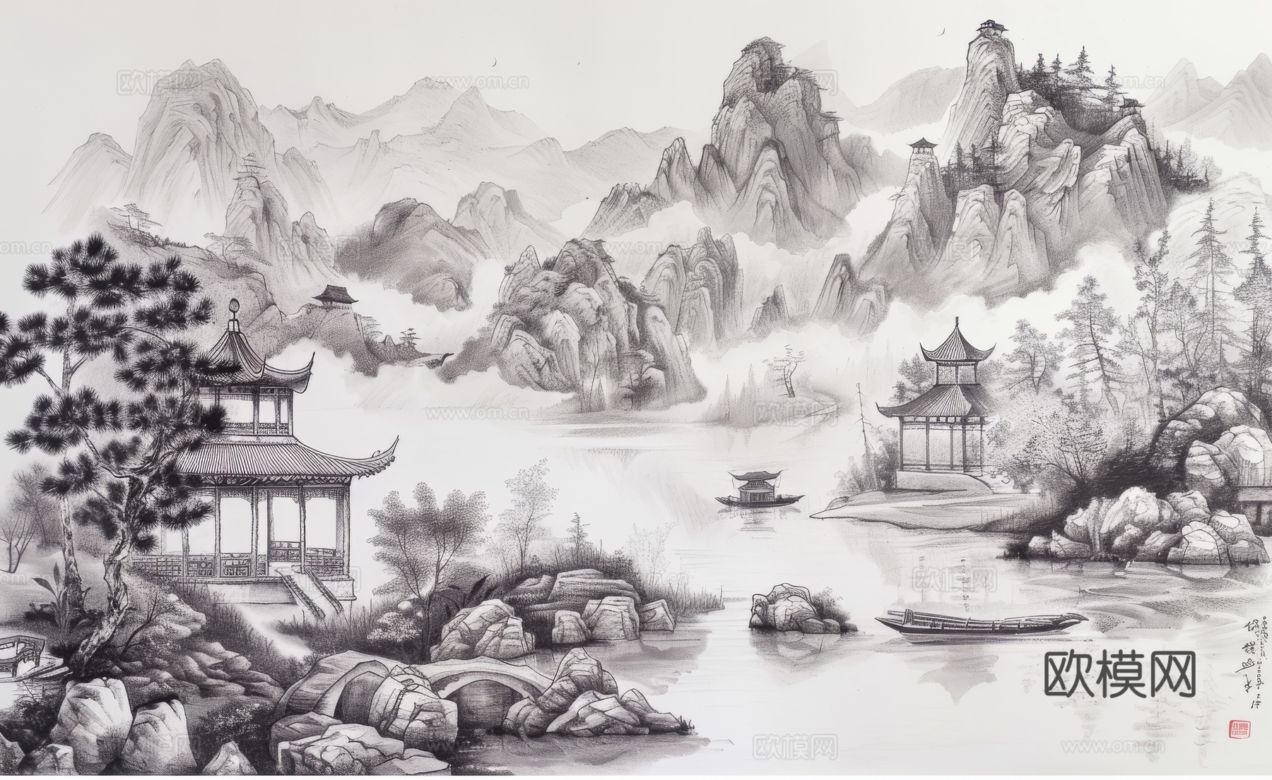 新中式亭台楼阁线条建筑壁画下载（渲染图7）