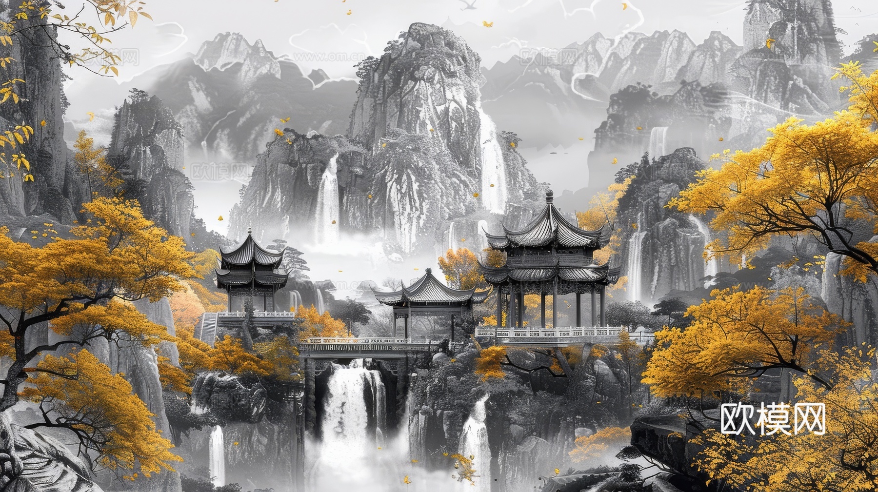新中式亭台楼阁线条建筑壁画