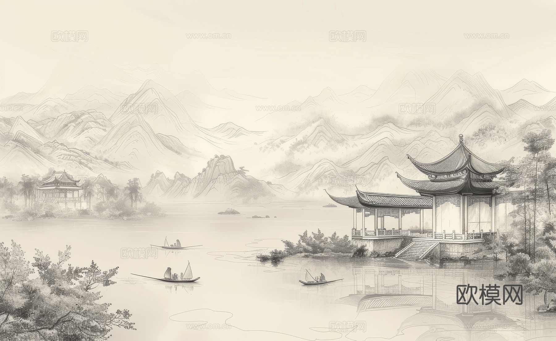 新中式亭台楼阁线条建筑壁画