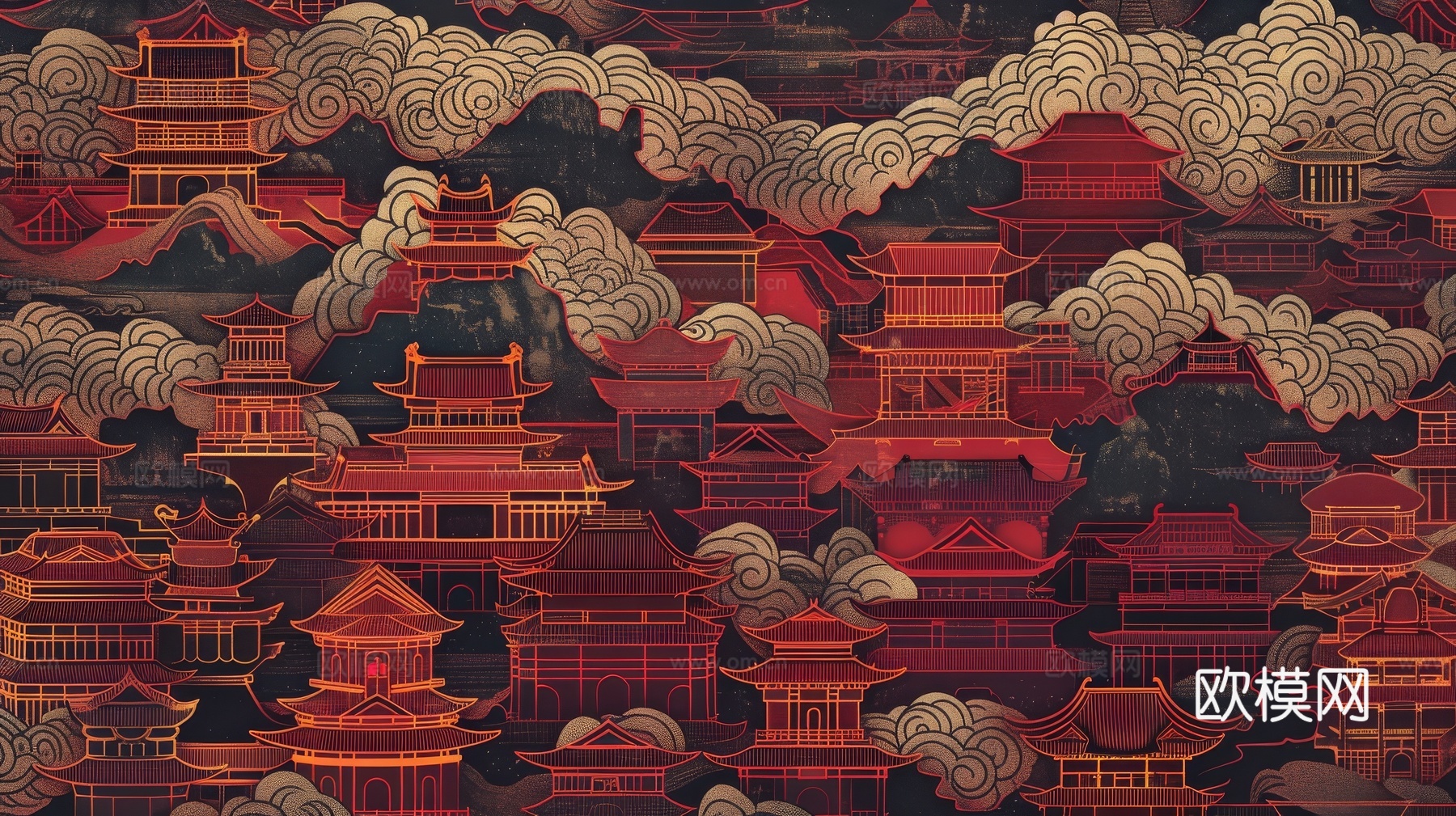新中式亭台楼阁线条建筑壁画