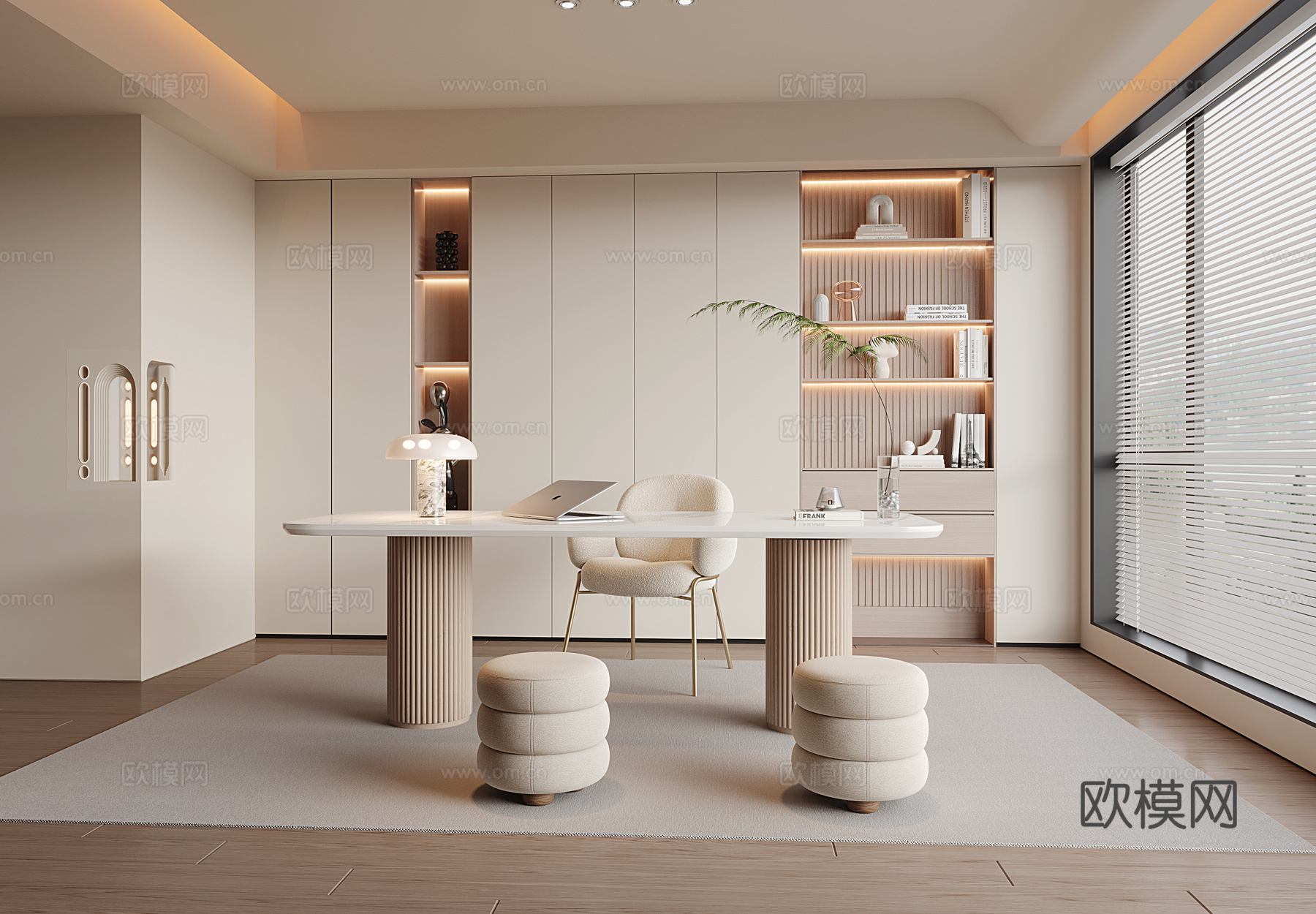 现代奶油风书房3d模型