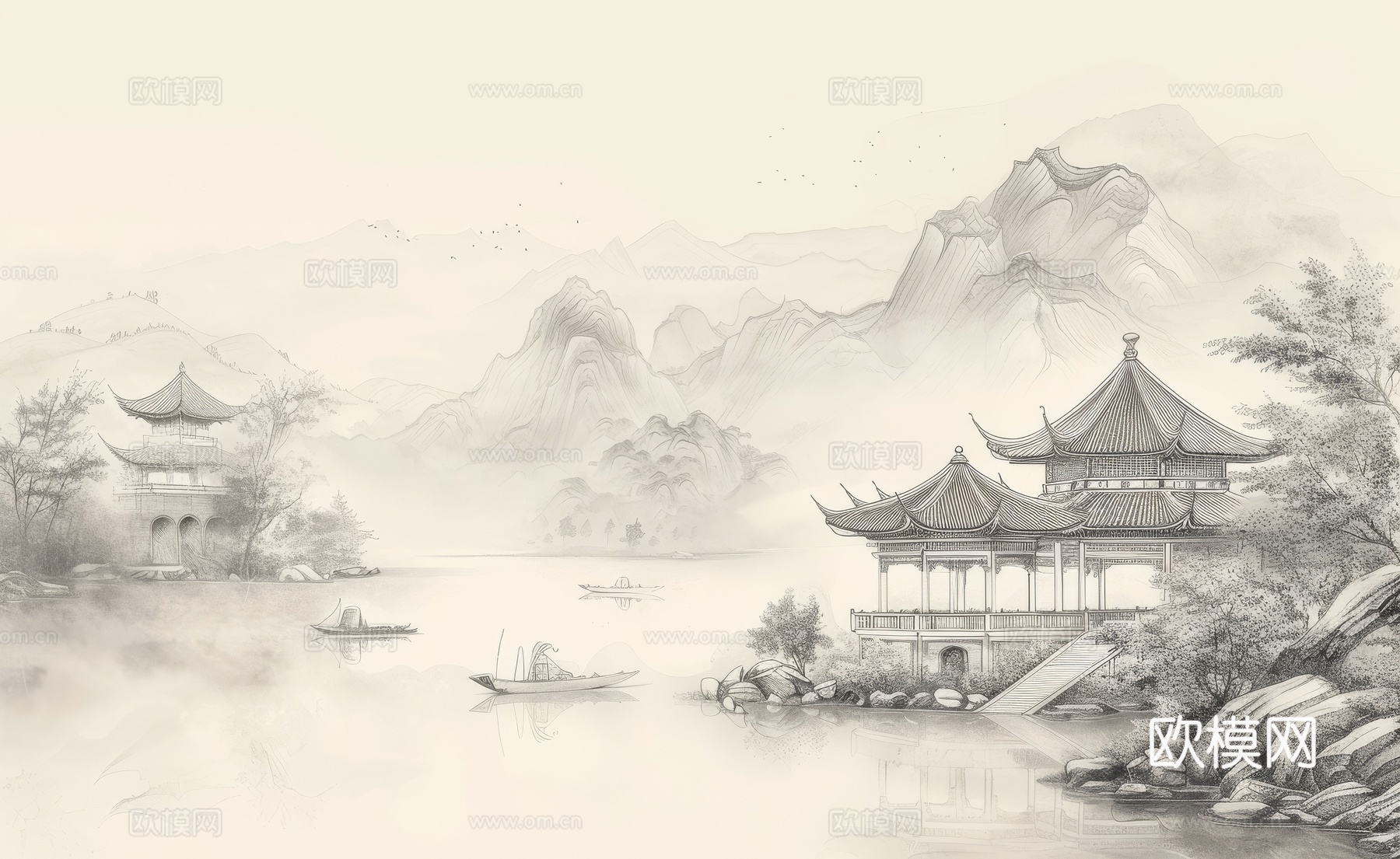新中式亭台楼阁线条建筑壁画