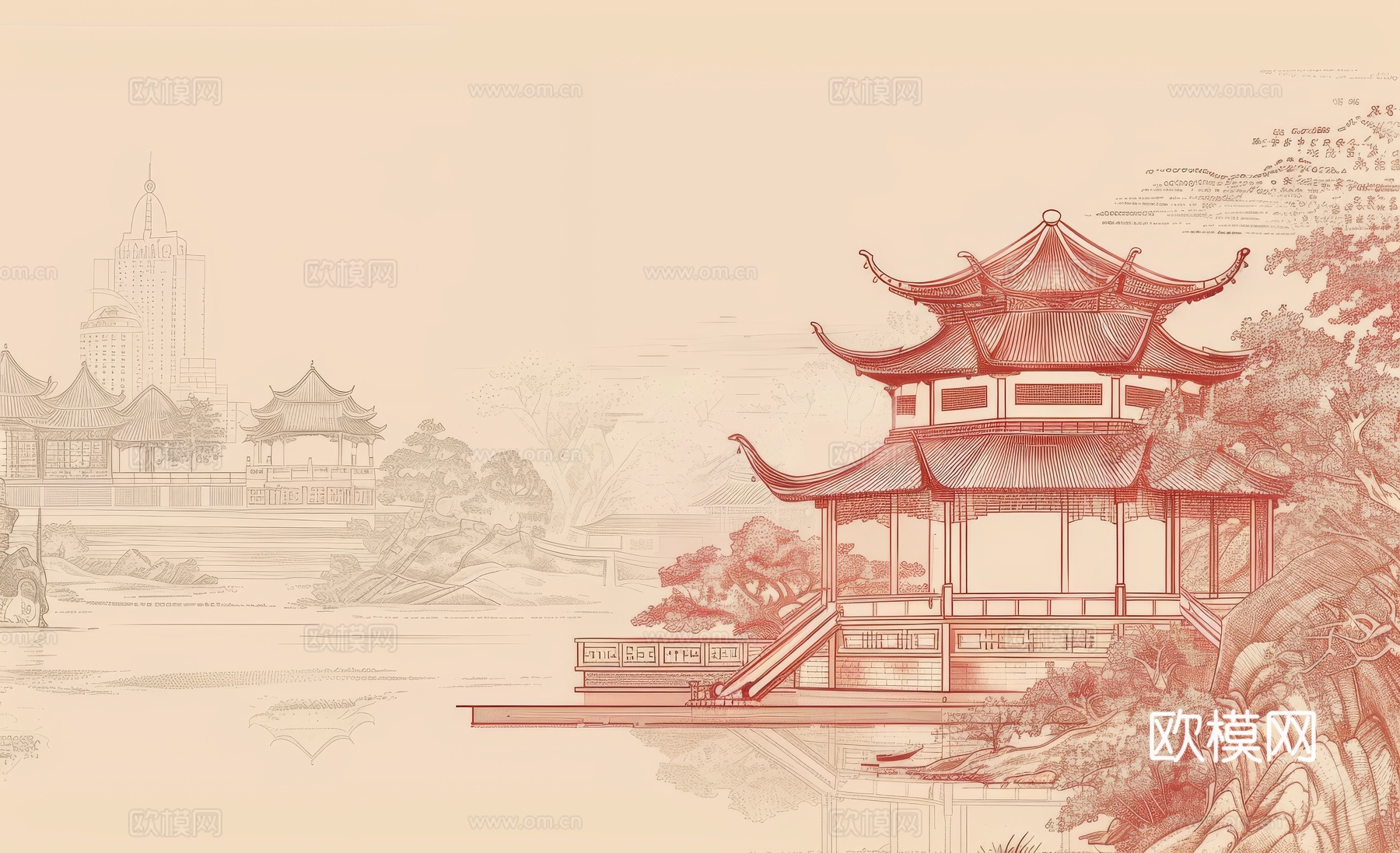 新中式亭台楼阁线条建筑壁画下载（渲染图4）