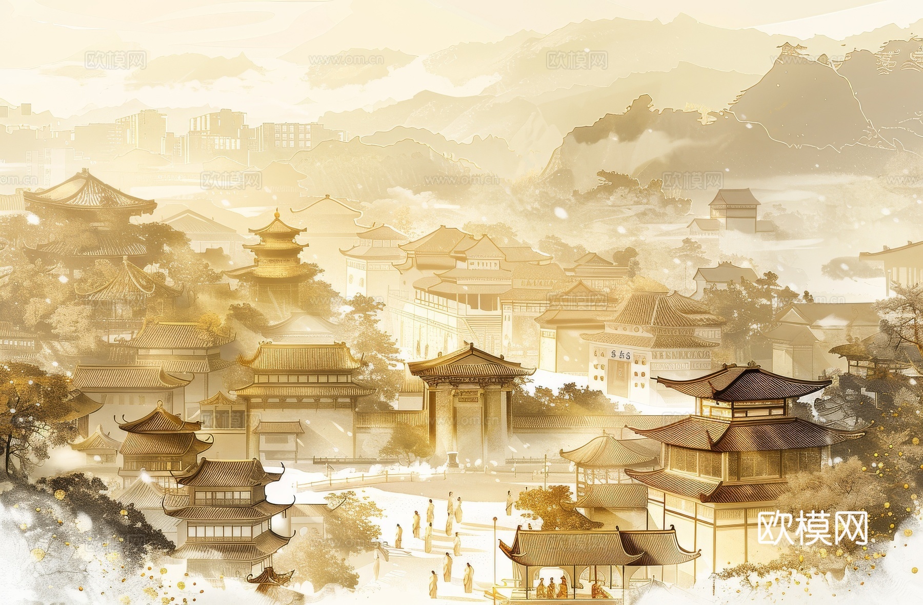 新中式亭台楼阁线条建筑壁画
