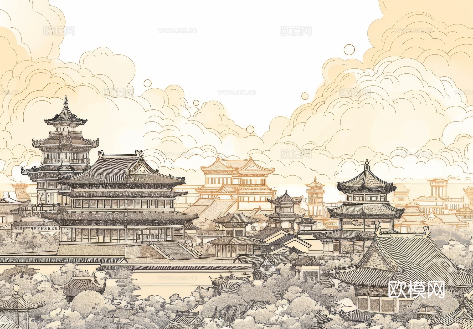 新中式亭台楼阁线条建筑壁画下载（渲染图7）