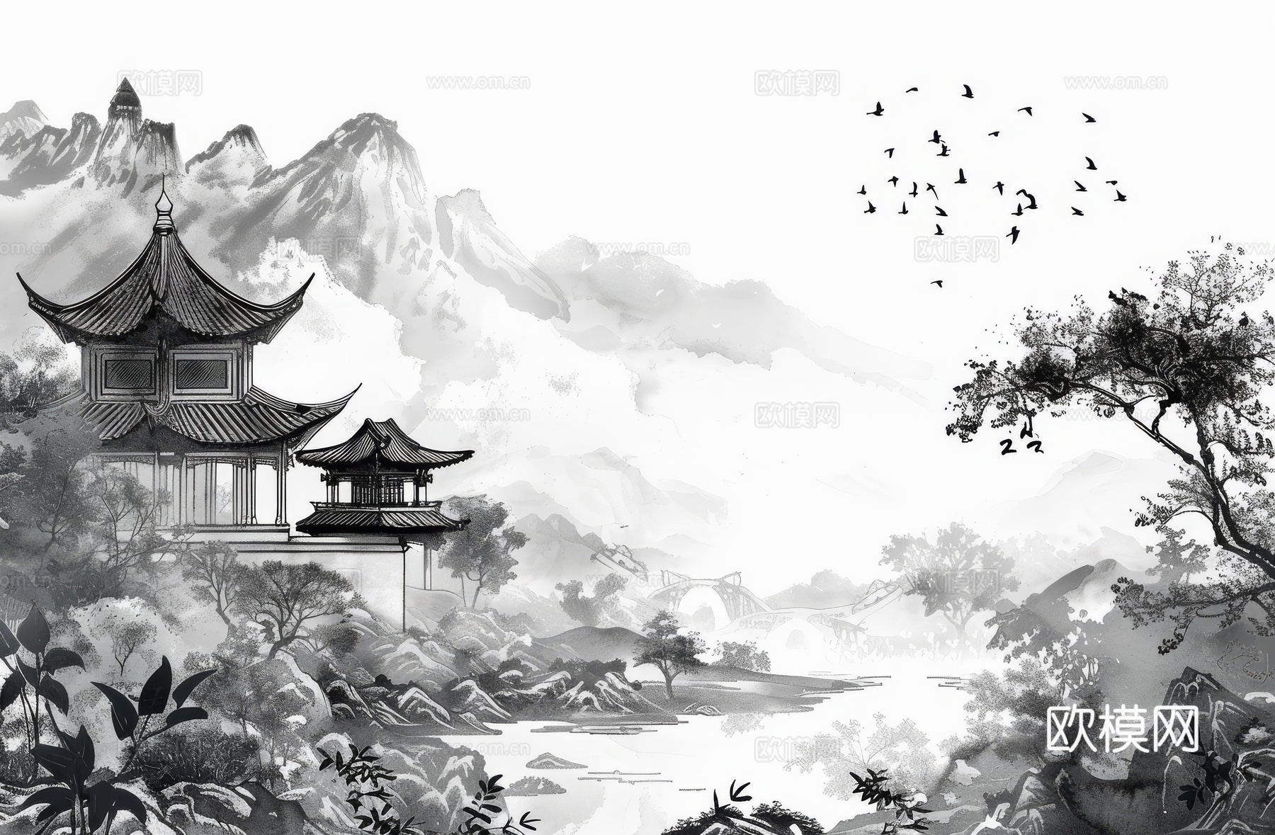 新中式亭台楼阁线条建筑壁画