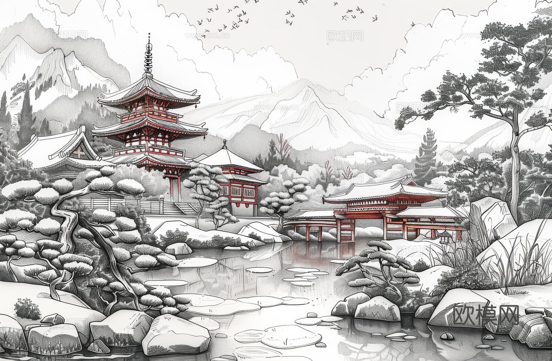 新中式亭台楼阁线条建筑壁画下载（渲染图5）