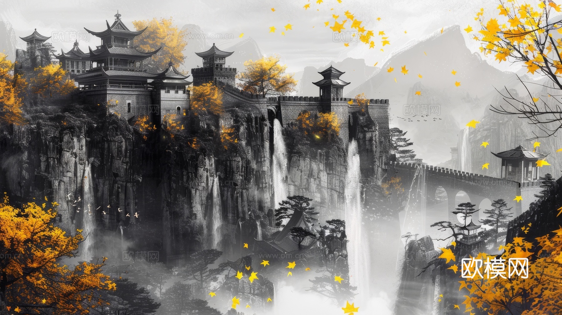 新中式亭台楼阁线条建筑壁画