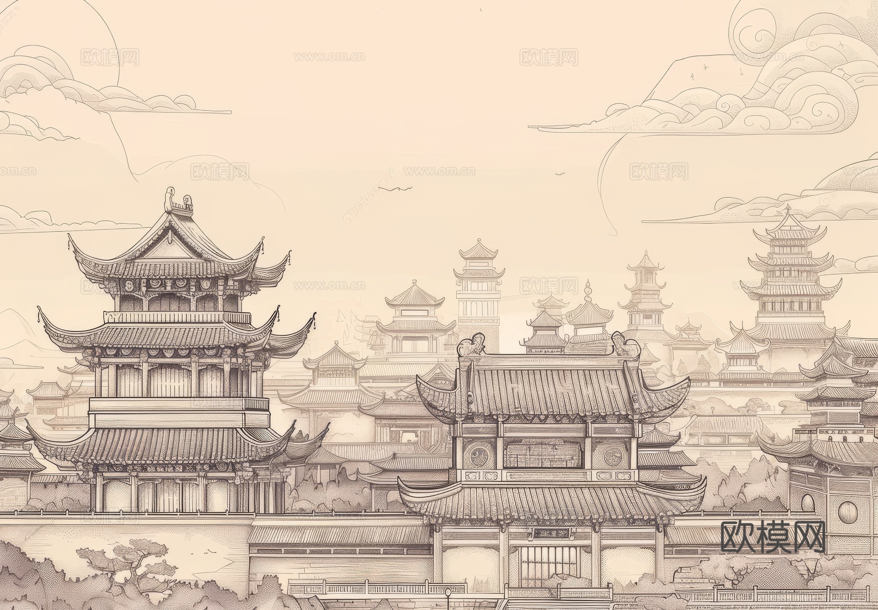 新中式亭台楼阁线条建筑壁画
