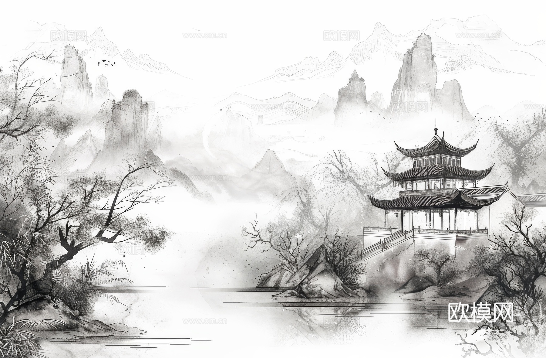 新中式亭台楼阁线条建筑壁画下载（渲染图1）