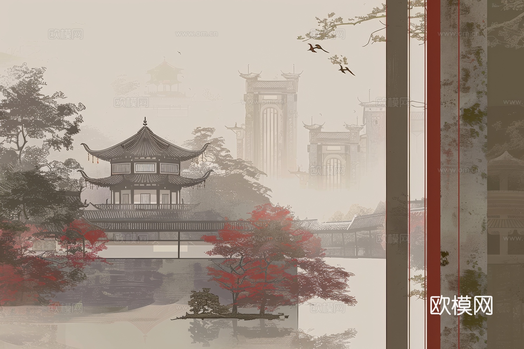 新中式亭台楼阁线条建筑壁画