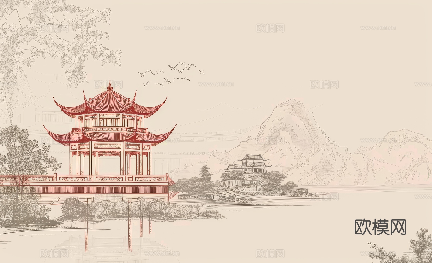 新中式亭台楼阁线条建筑壁画