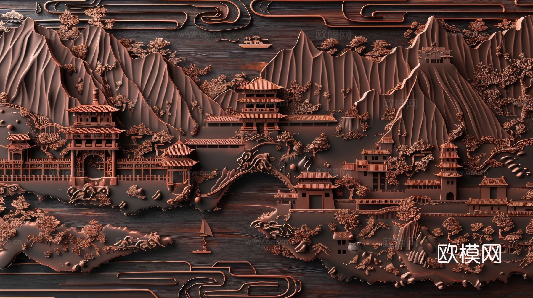 新中式亭台楼阁线条建筑壁画下载（渲染图5）