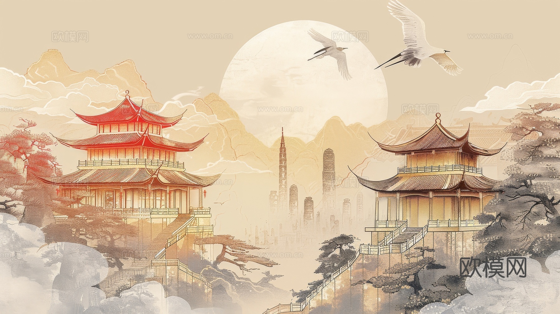 新中式亭台楼阁线条建筑壁画
