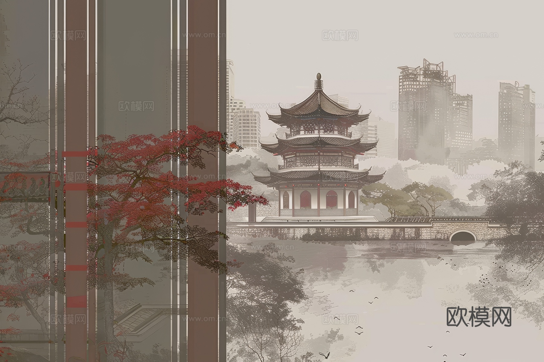 新中式亭台楼阁线条建筑壁画