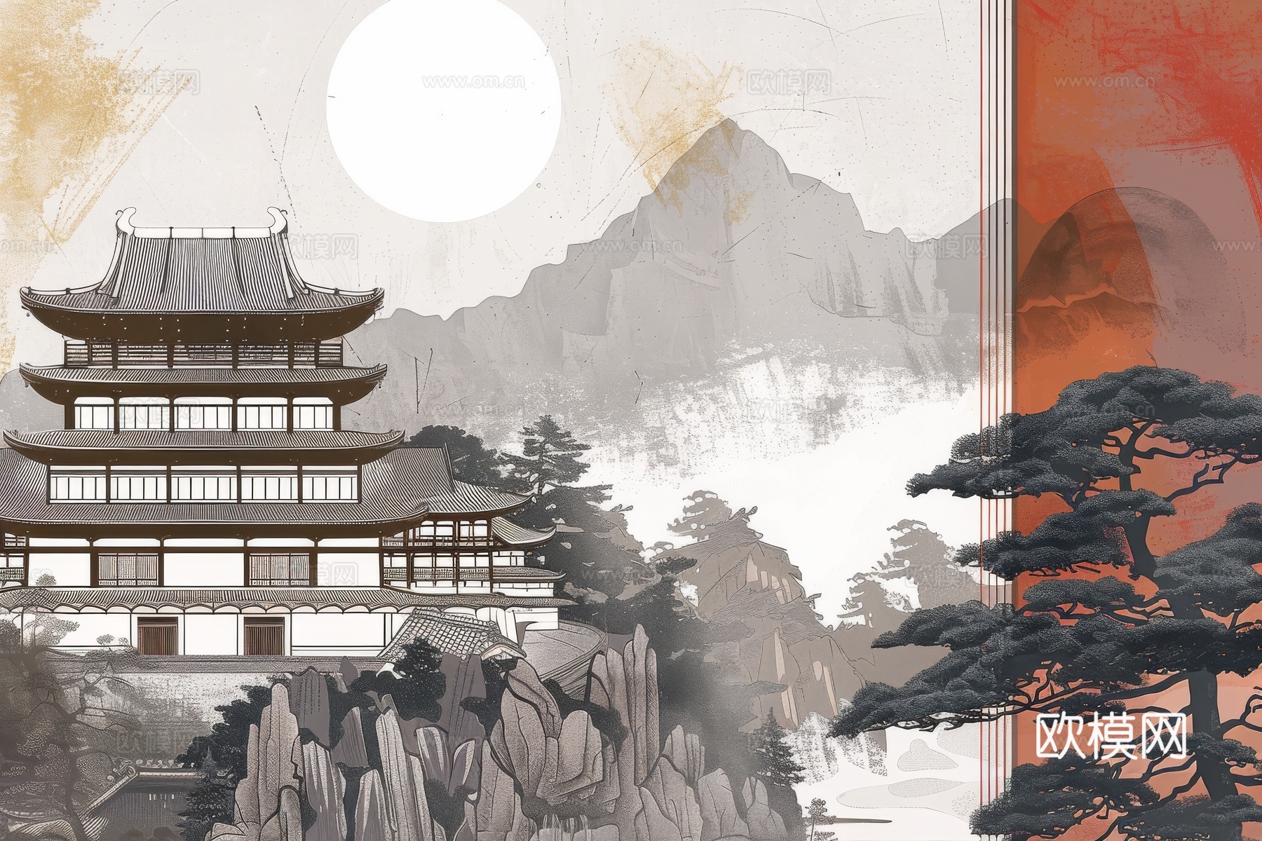 新中式亭台楼阁线条建筑壁画