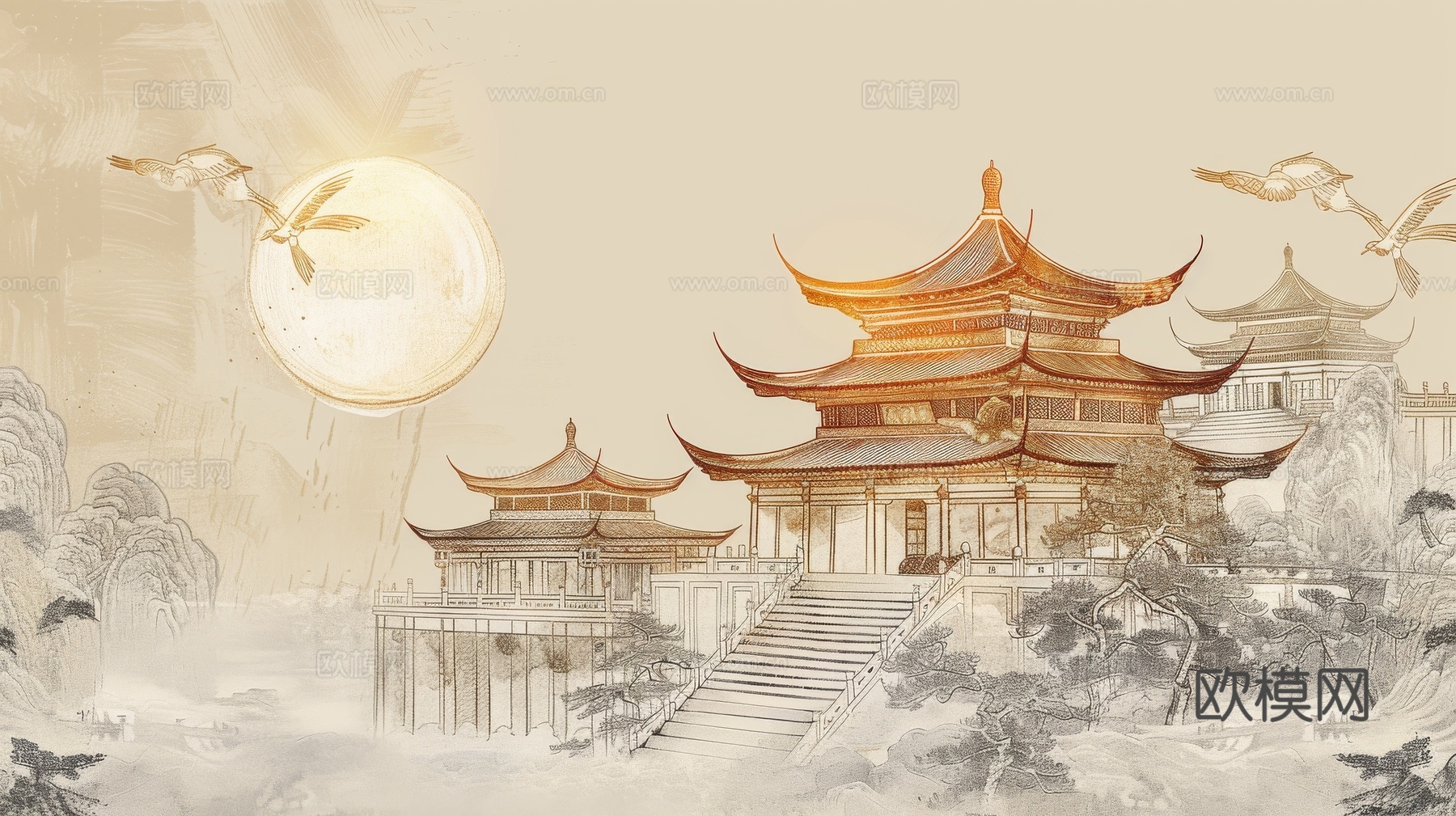 新中式亭台楼阁线条建筑壁画