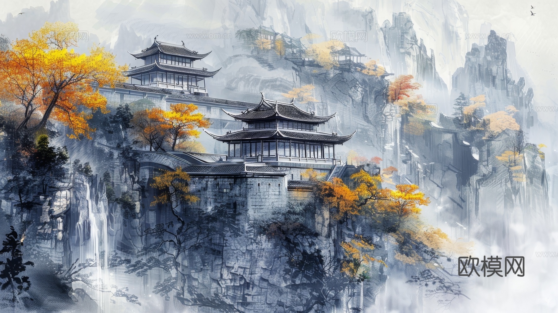 新中式亭台楼阁线条建筑壁画