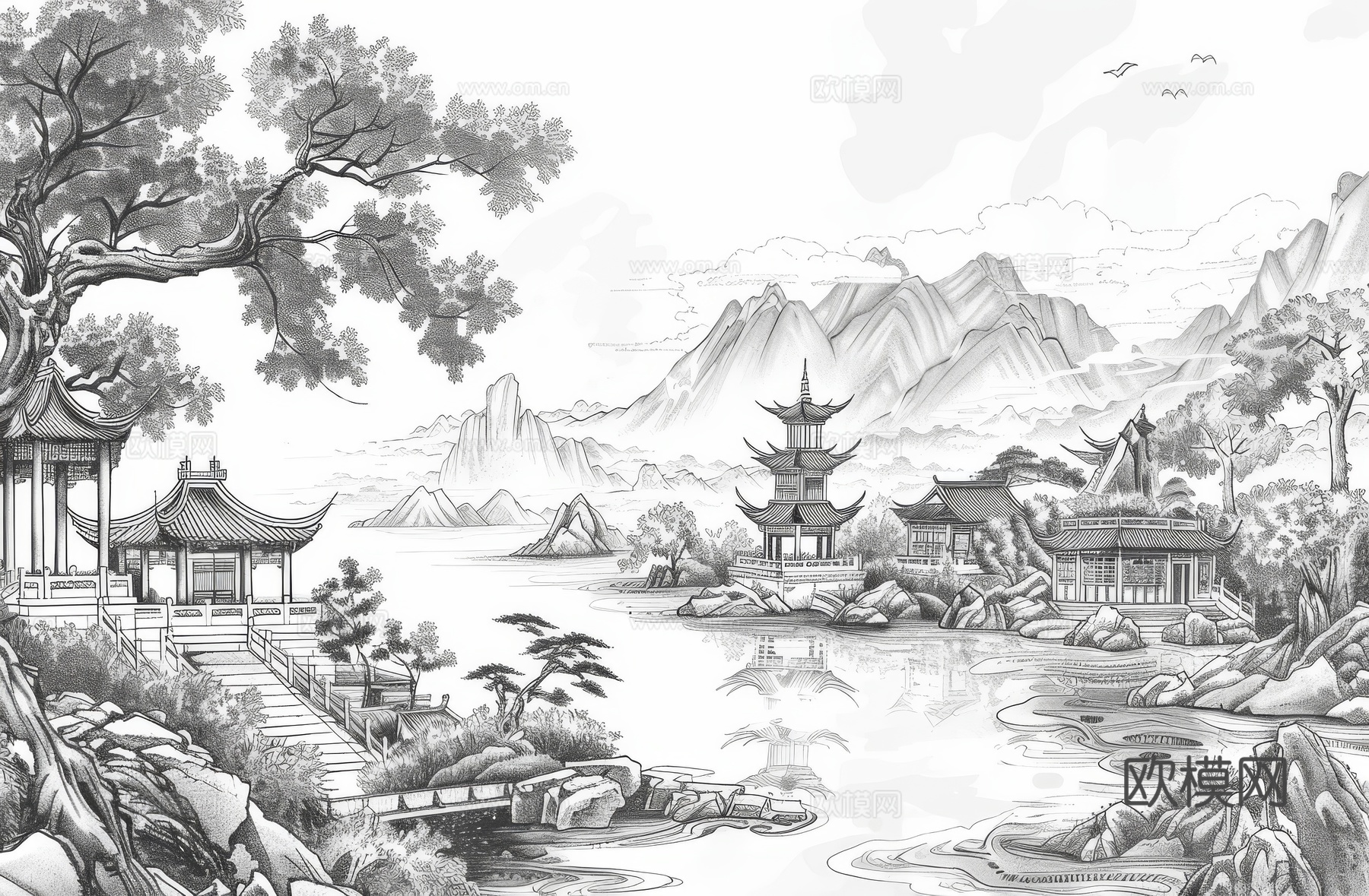 新中式亭台楼阁线条建筑壁画