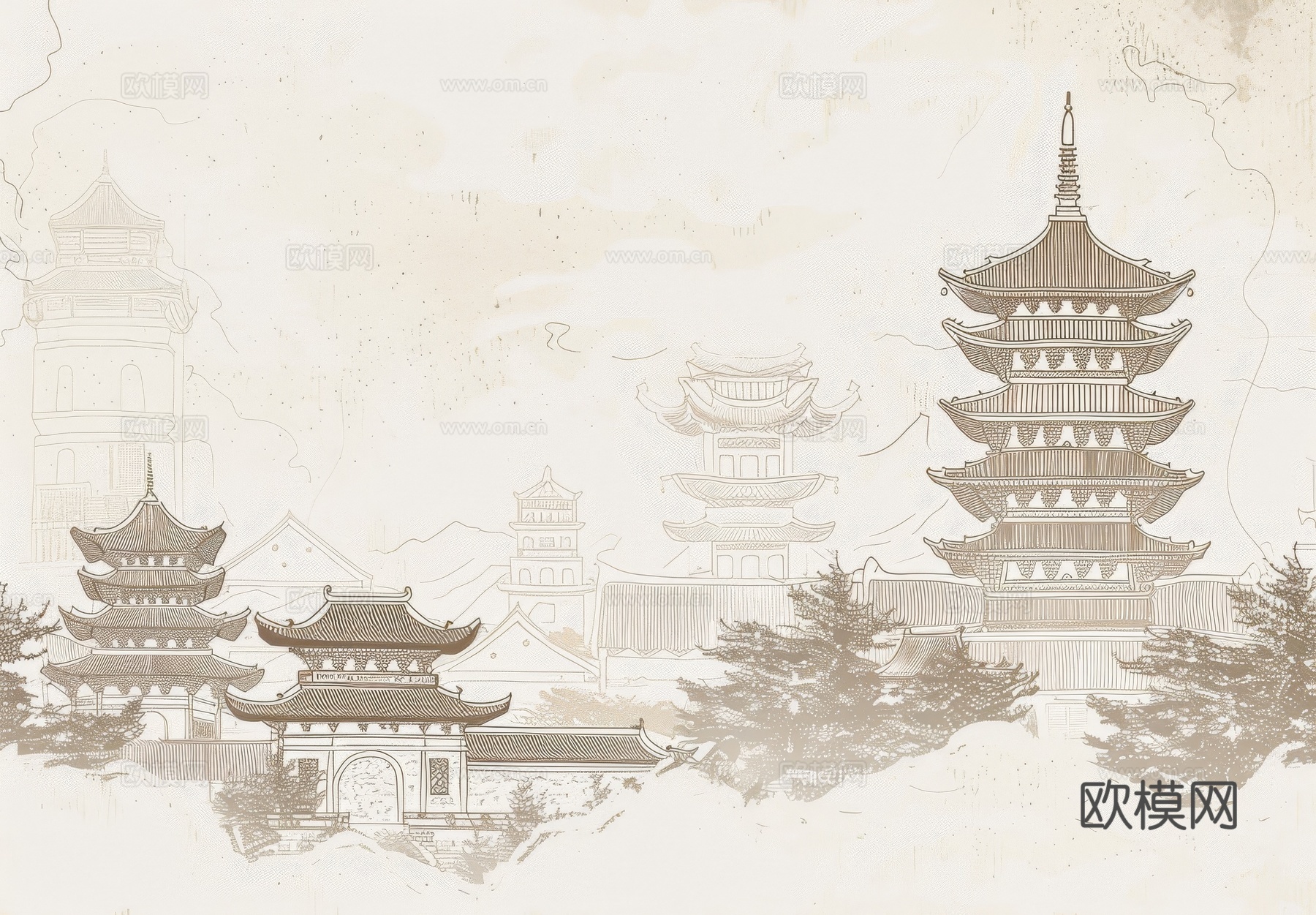 新中式亭台楼阁线条建筑壁画