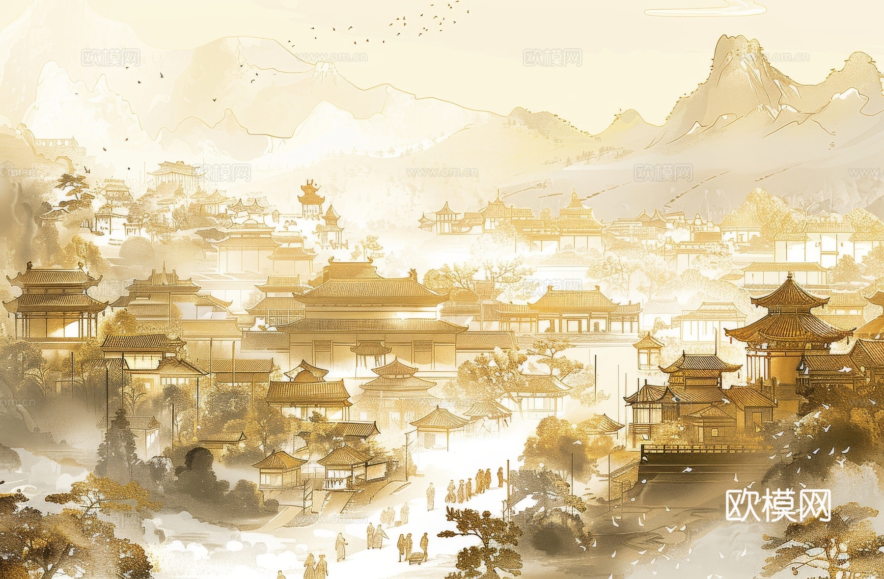 新中式亭台楼阁线条建筑壁画
