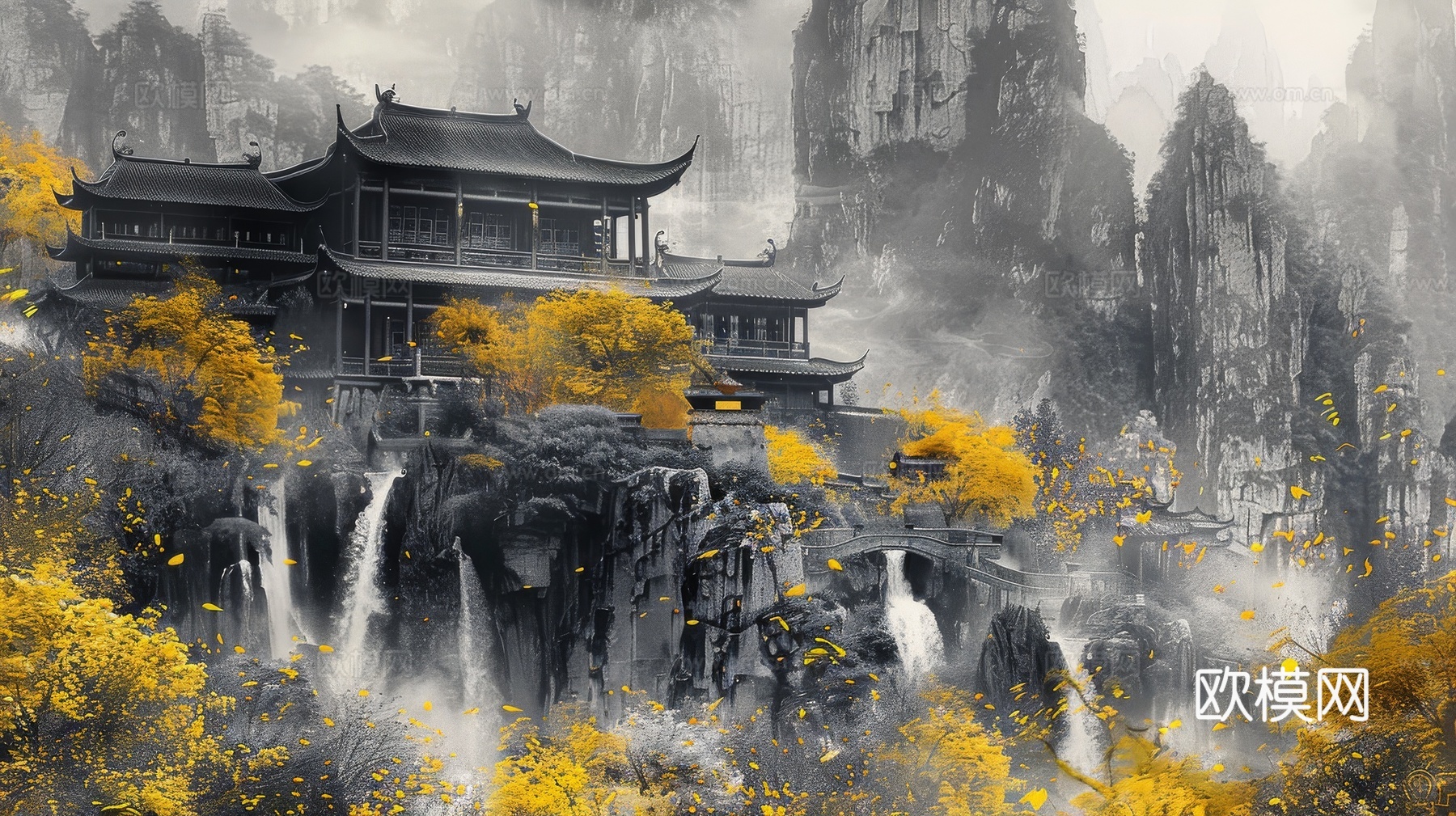 新中式亭台楼阁线条建筑壁画