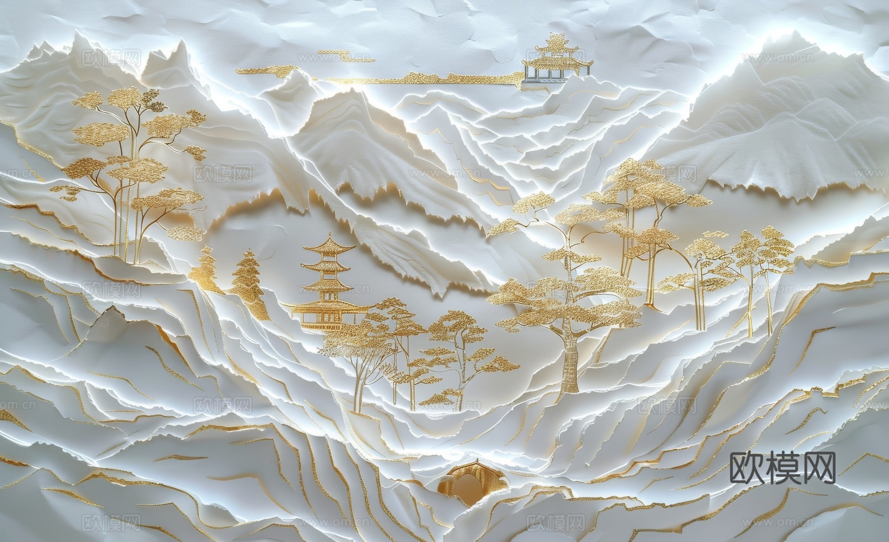 新中式亭台楼阁线条建筑壁画下载（渲染图7）