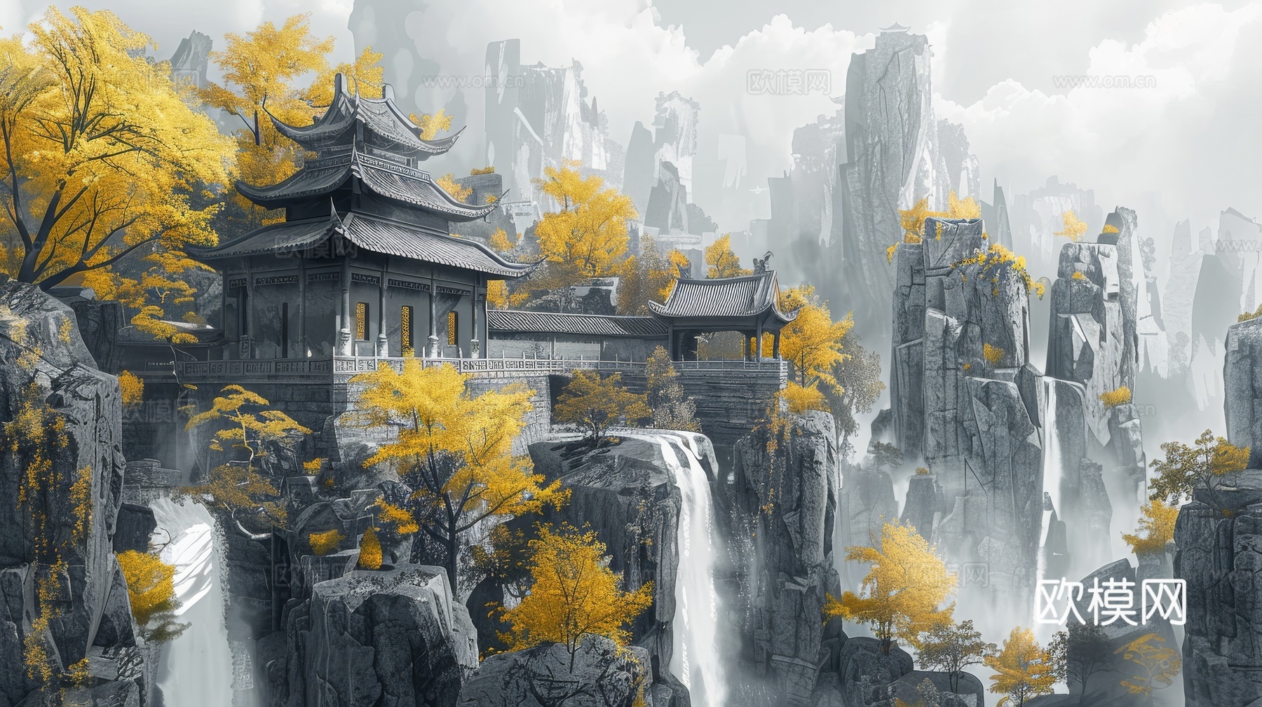 新中式亭台楼阁线条建筑壁画