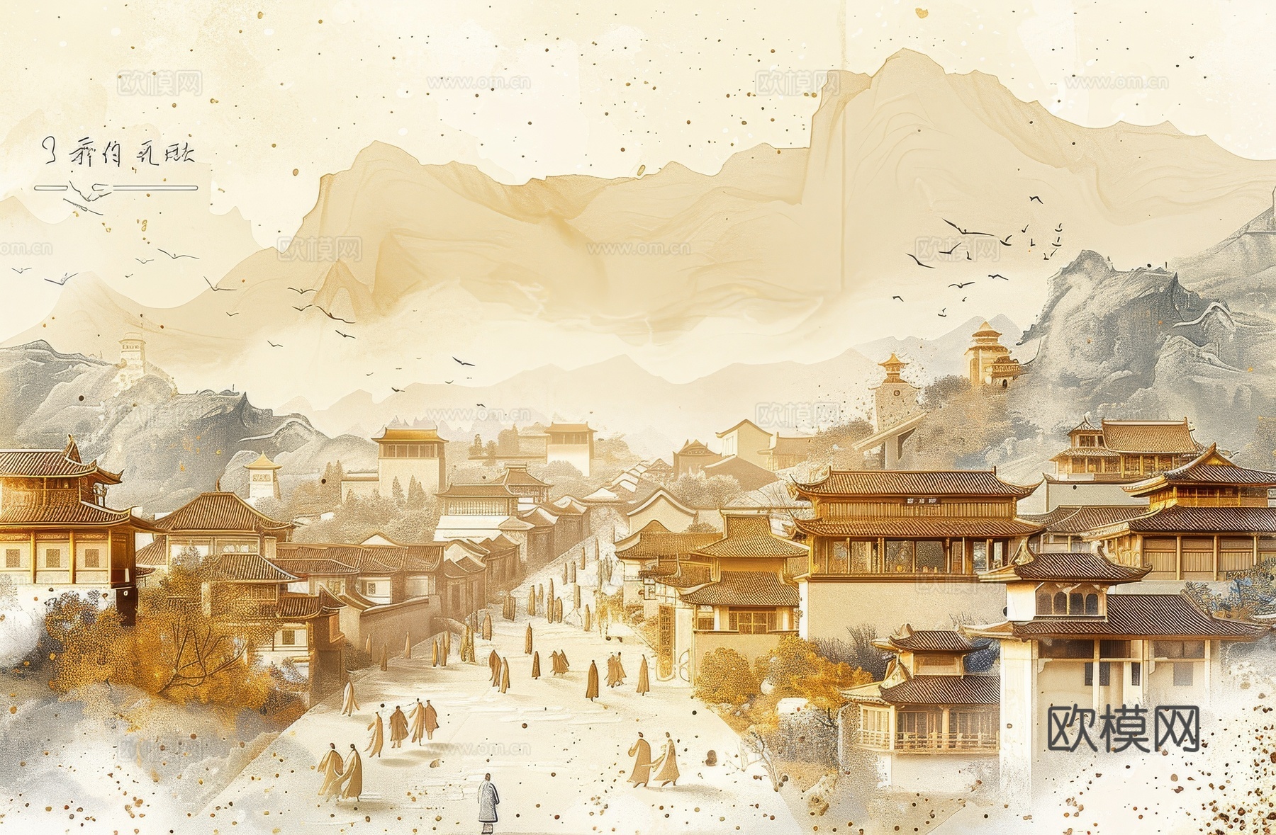 新中式亭台楼阁线条建筑壁画