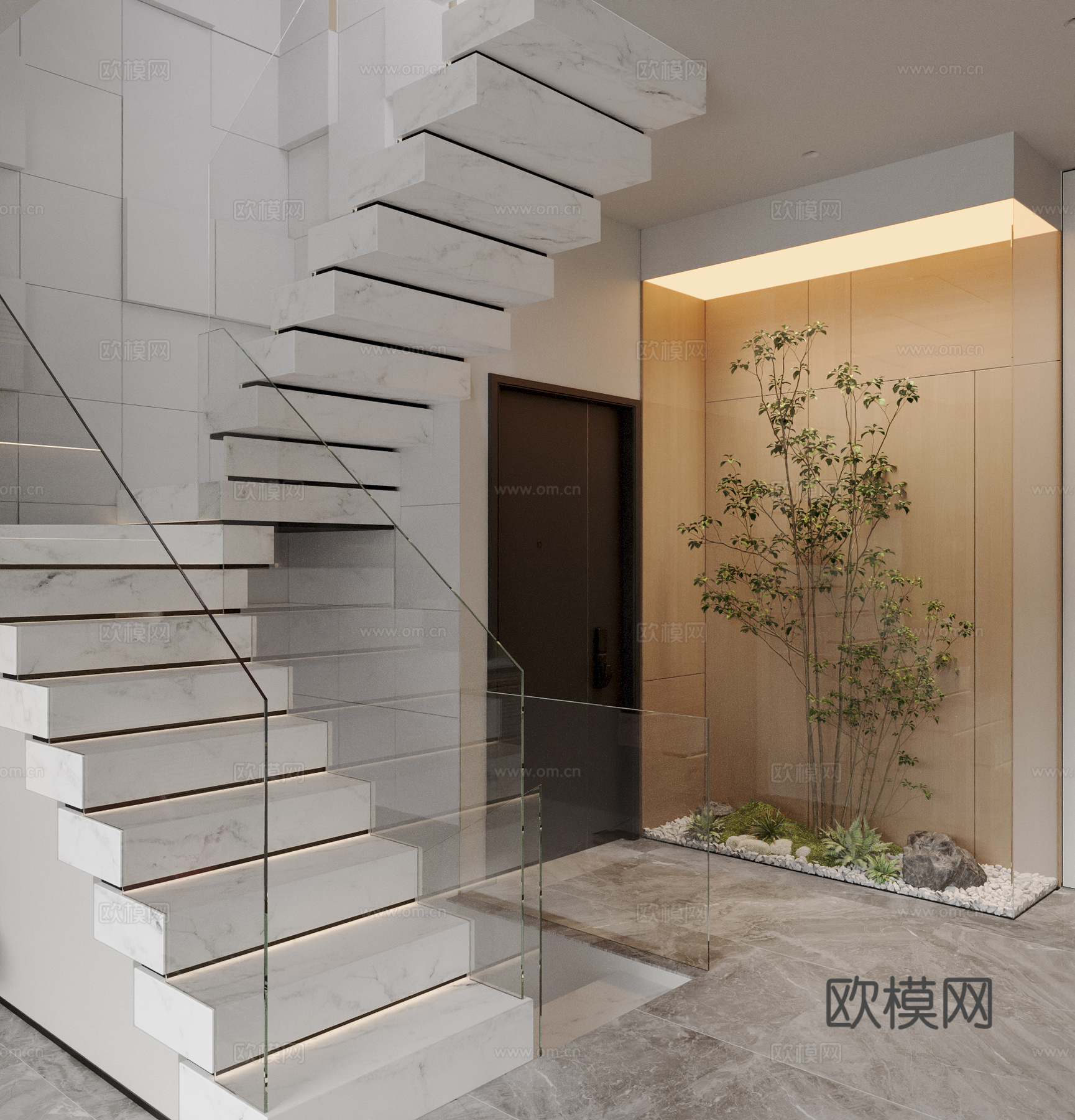 现代楼梯 玻璃扶手 造景3d模型