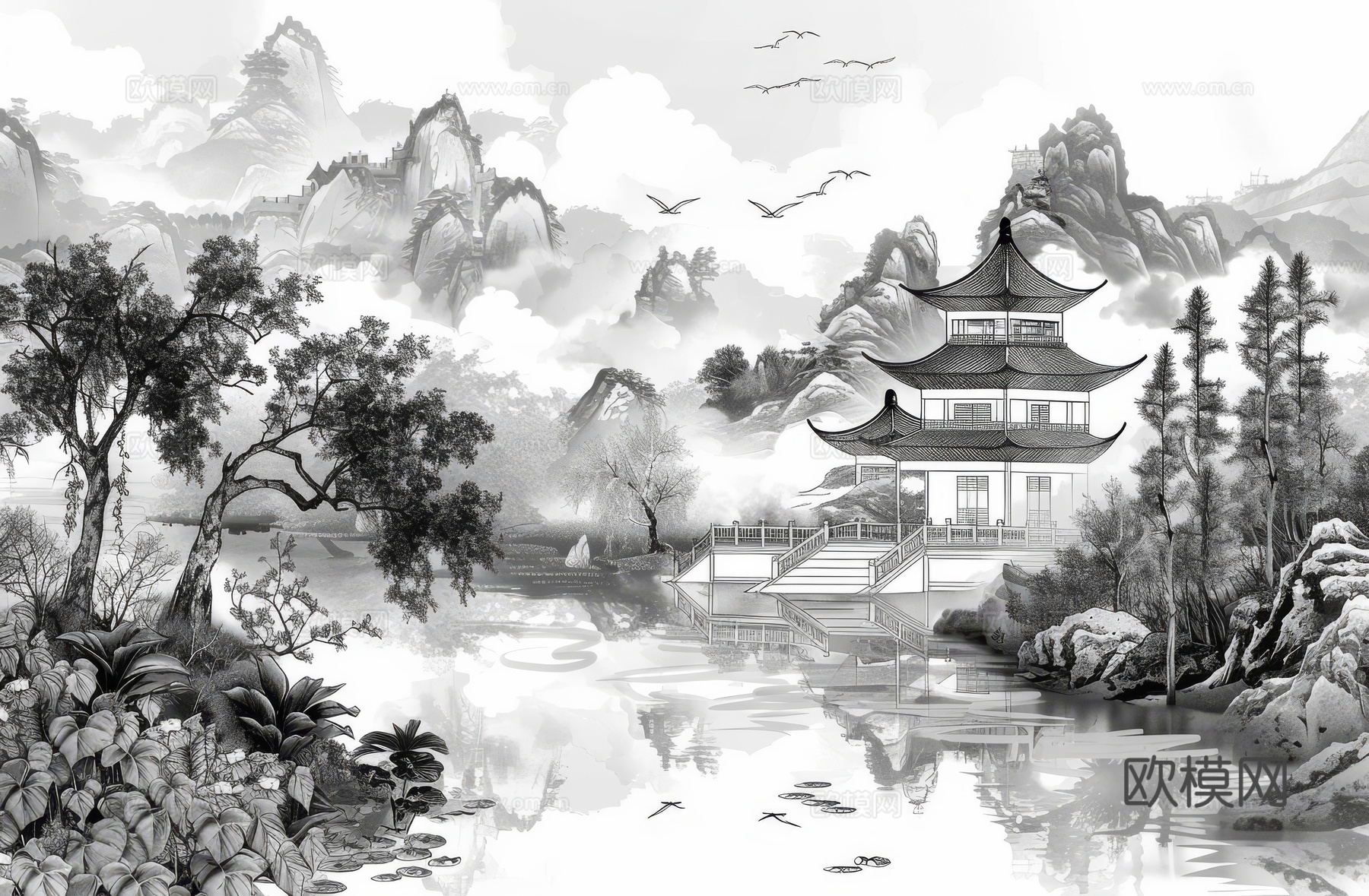 新中式亭台楼阁线条建筑壁画下载（渲染图1）