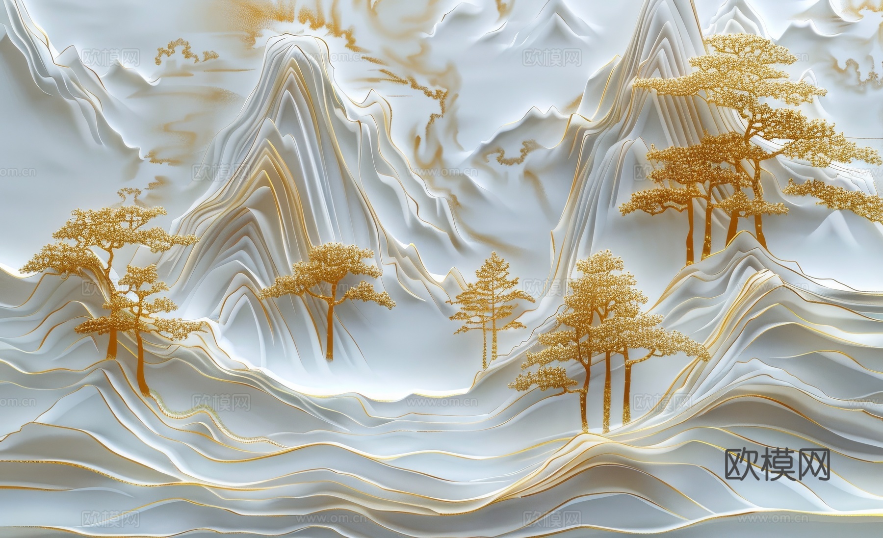 新中式亭台楼阁线条建筑壁画下载（渲染图5）