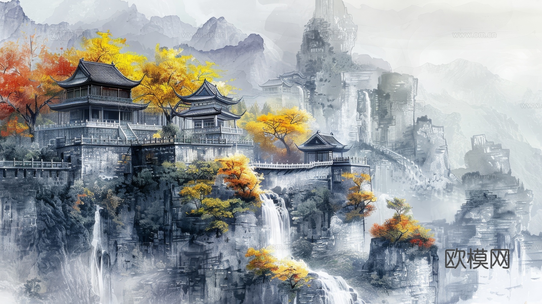 新中式亭台楼阁线条建筑壁画