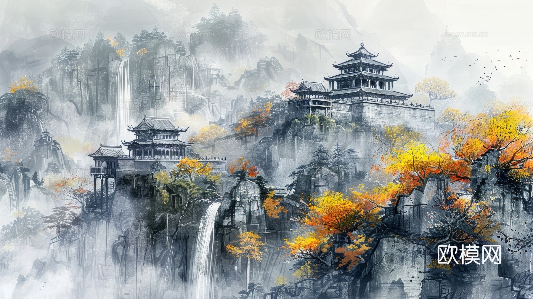 新中式亭台楼阁线条建筑壁画