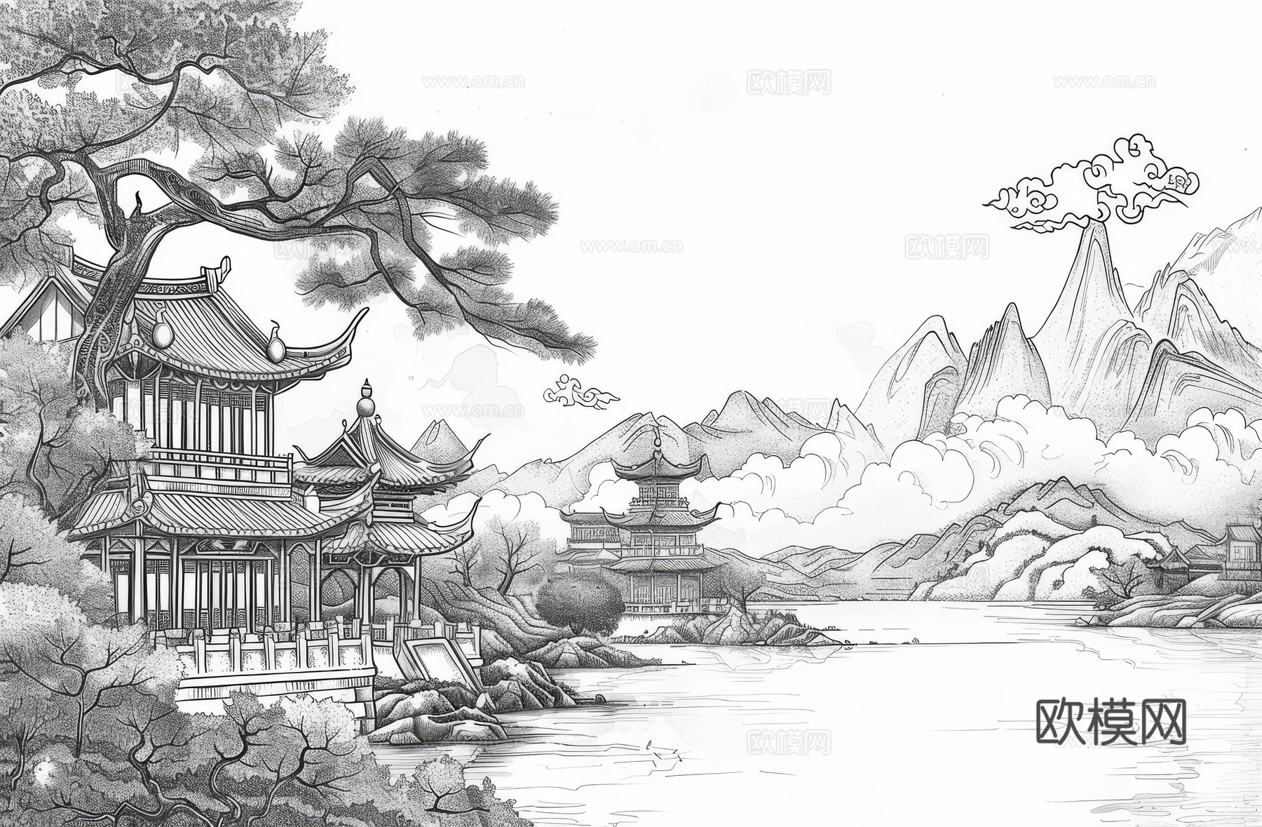 新中式亭台楼阁线条建筑壁画下载（渲染图3）