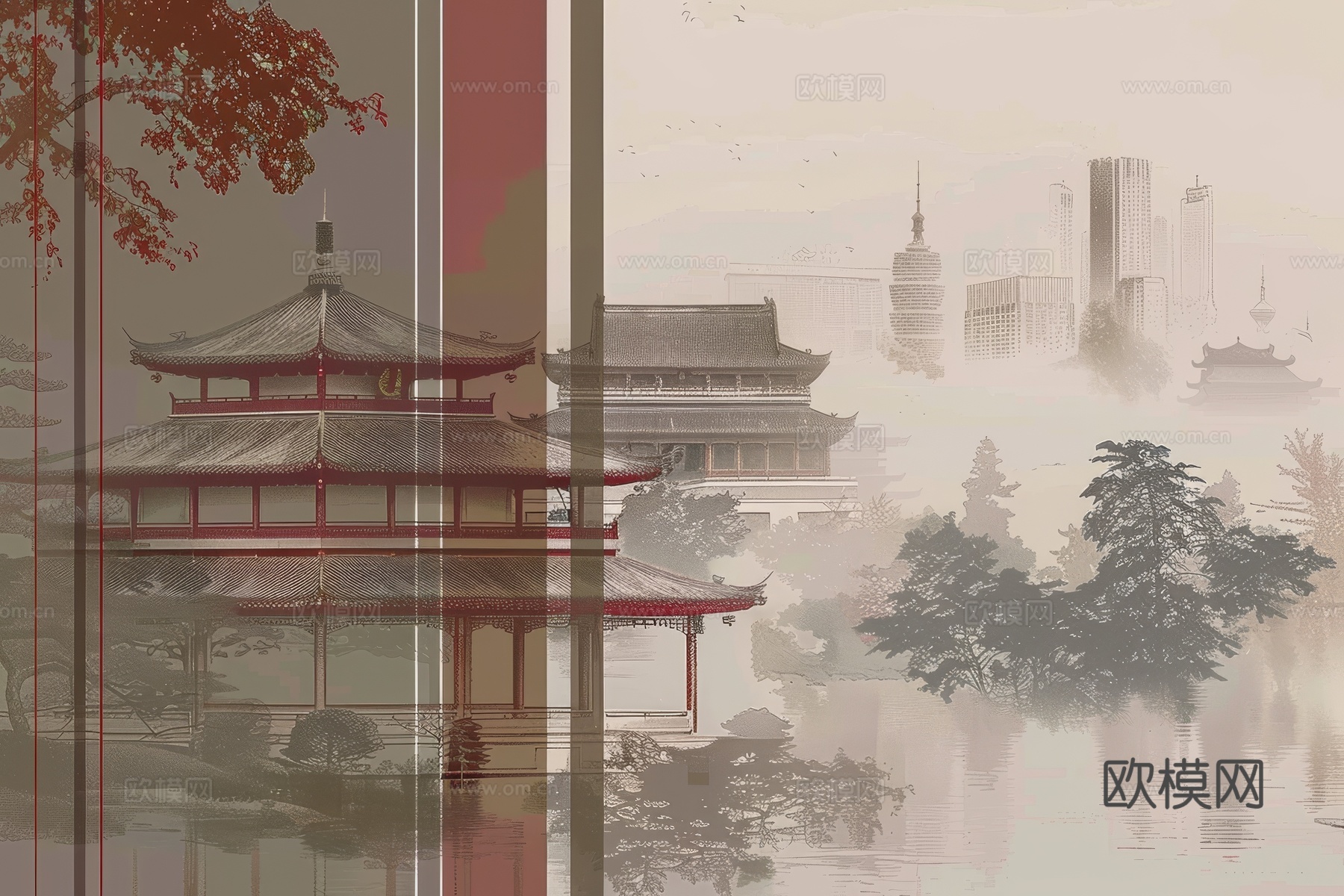 新中式亭台楼阁线条建筑壁画