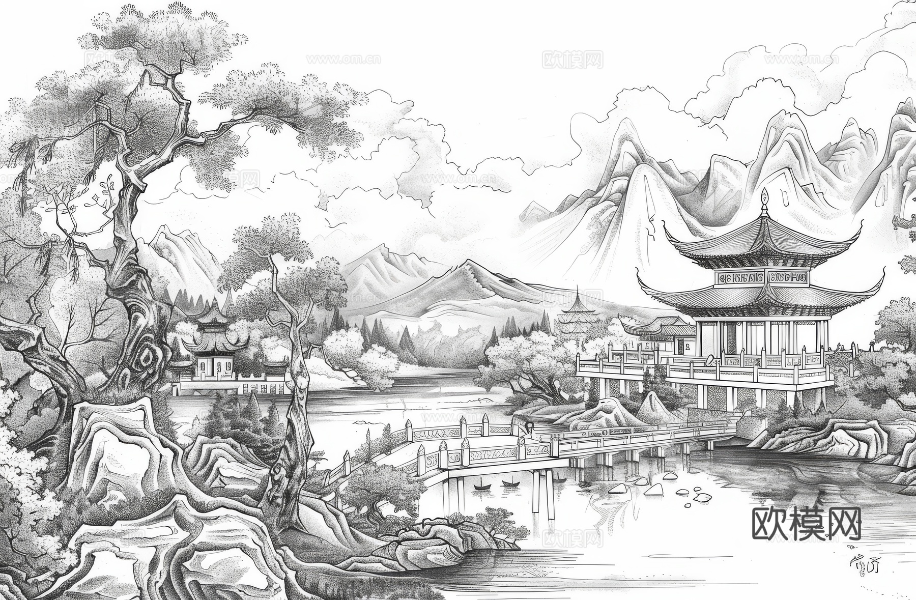 新中式亭台楼阁线条建筑壁画