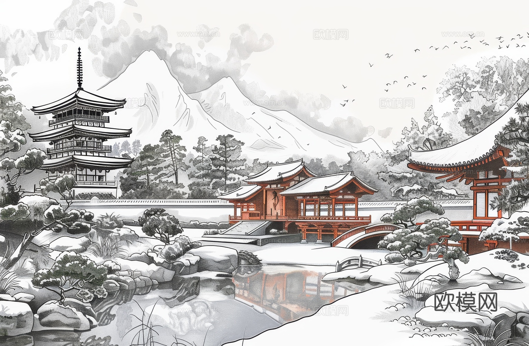 新中式亭台楼阁线条建筑壁画下载（渲染图7）