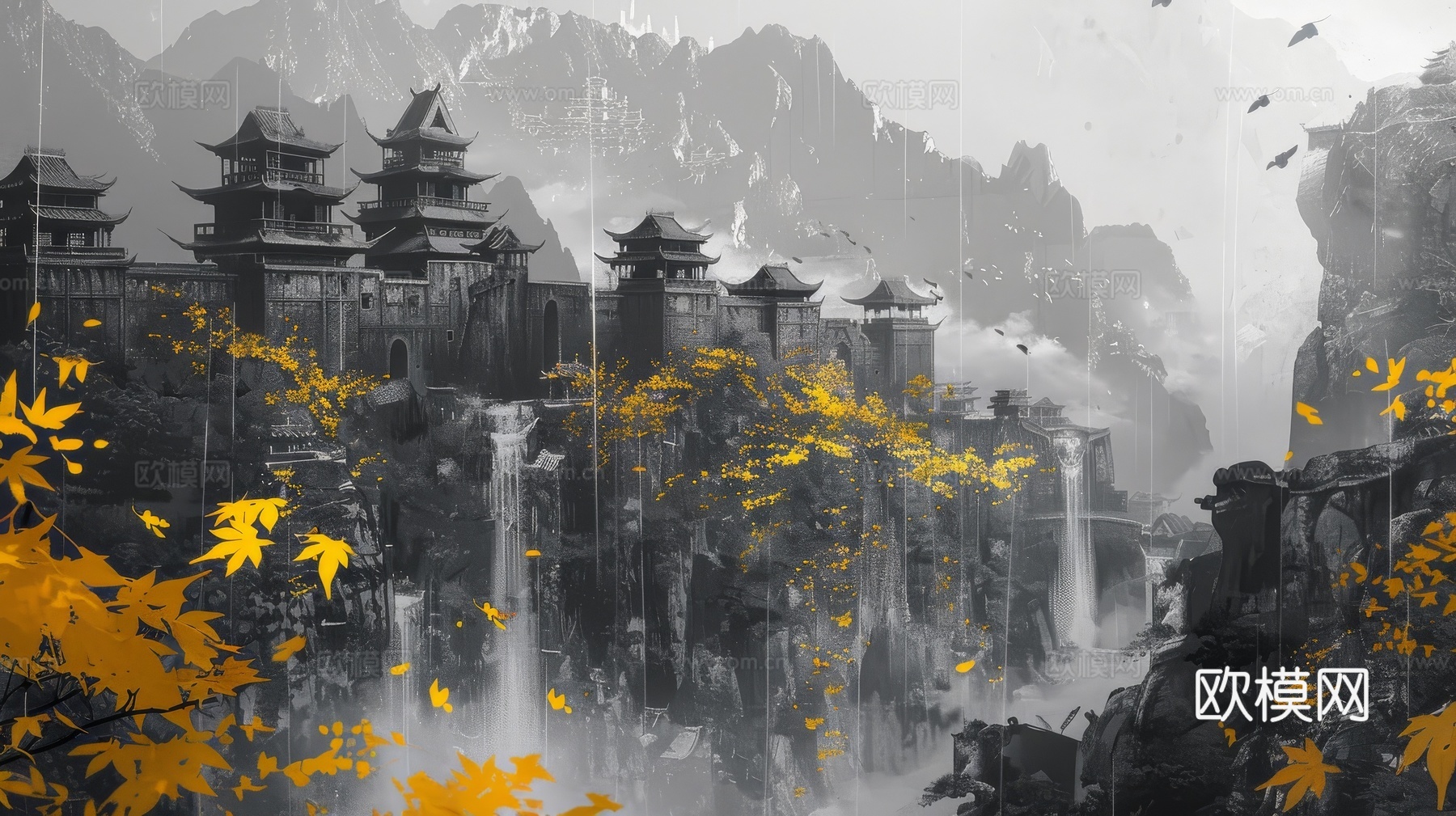 新中式亭台楼阁线条建筑壁画